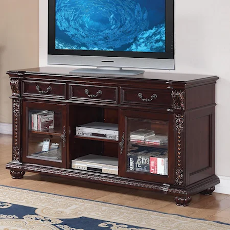 Traditional TV Stand with Glass Doors and Open Shelf